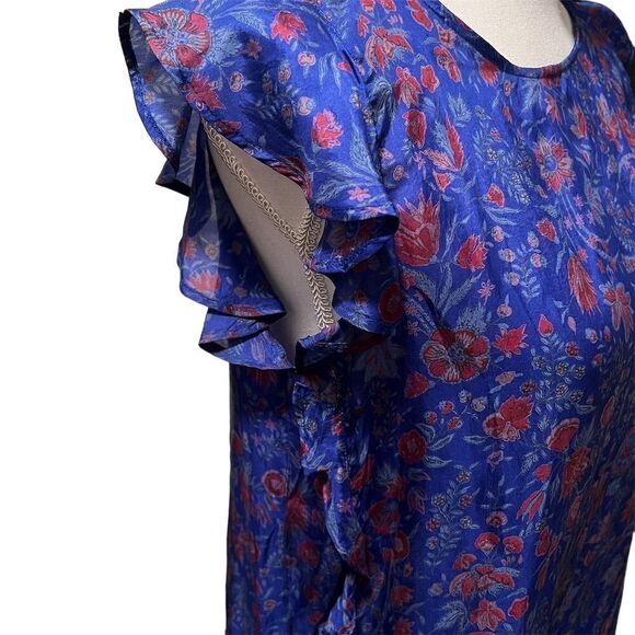 Anthropologie Antik Batik Blue Floral Silk Ruffle Cap Sleeve Blouse Size Small - Picture 4 of 15